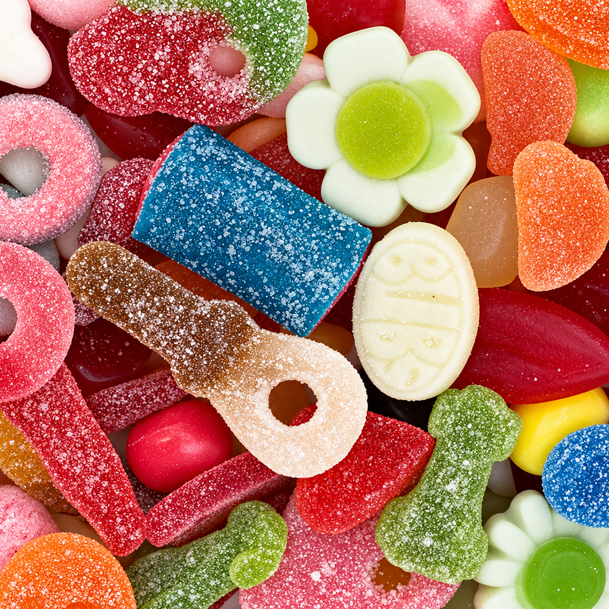 A close-up, top-down view of an assortment of colorful gummy candies, including flower-shaped gummies, bone-shaped gummies, a blue rolled gummy, and sugar-coated circular gummies in red, orange, green, pink, and white.